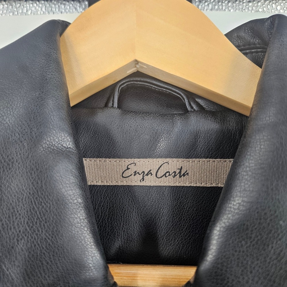 Enza Costa Vegan Leather Bomber Coat Jacket Black Elastic Waist Minimalist Sz 0 - Picture 7 of 10
